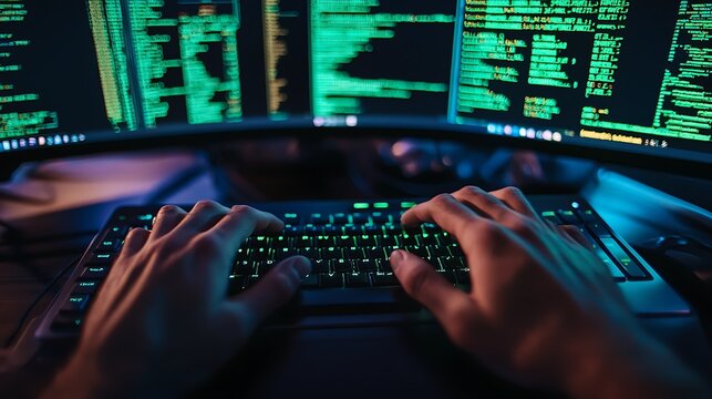 male hands typing on a keyboard while multiple terminal windows with green code on black background fill monitors in the background