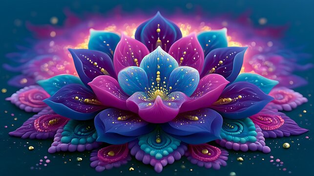 Intricate psychedelic rangoli flower mandala with glowing petals