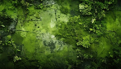 Fototapeta premium Lush Green Wetland Vegetation Surrounding Algae Covered Water From Above