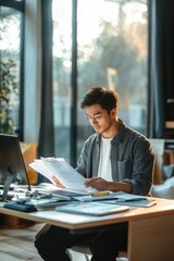 Obraz premium young man focused at a sunlit desk reviewing paperwork with laptop, notepad and pens in a modern office, appearing thoughtful and concentrated