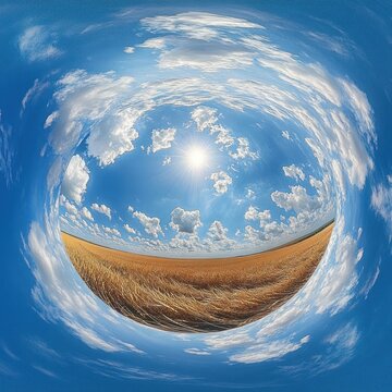 surreal tiny planet panorama of a golden wheat field under a bright sun and swirling blue sky with fluffy clouds, calm and expansive mood