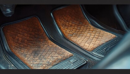 Naklejka premium worn brown quilted car floor mats with black rubber borders in vehicle footwell, textured carpet showing dust and everyday use and a cozy lived-in feeling