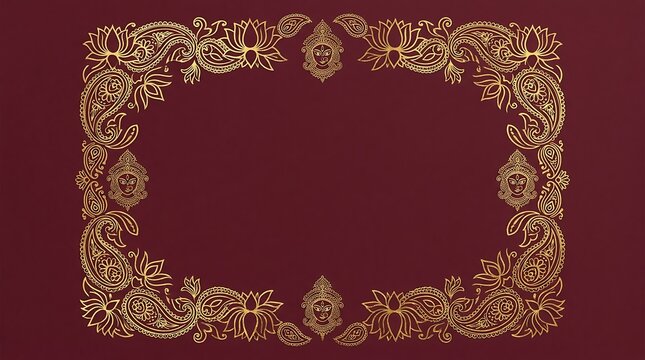 Ornate golden paisley and lotus flower frame on a deep maroon background, for traditional indian border