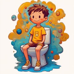 Fototapeta premium smiling young boy sitting on a toilet wearing a yellow shirt with a bear, shorts and sneakers, surrounded by colorful bubbly swirls, playful and content