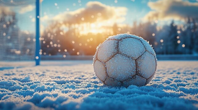 Frost-covered soccer ball resting on a snow-covered pitch by a goal at sunrise, serene and chilly morning with falling snow