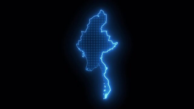 Myanmar Futuristic Blue Neon Map Animation with Glowing Digital Borders and High Tech Geographic Interface on Transparent Alpha Channel Background Seamless Loop 4K Video