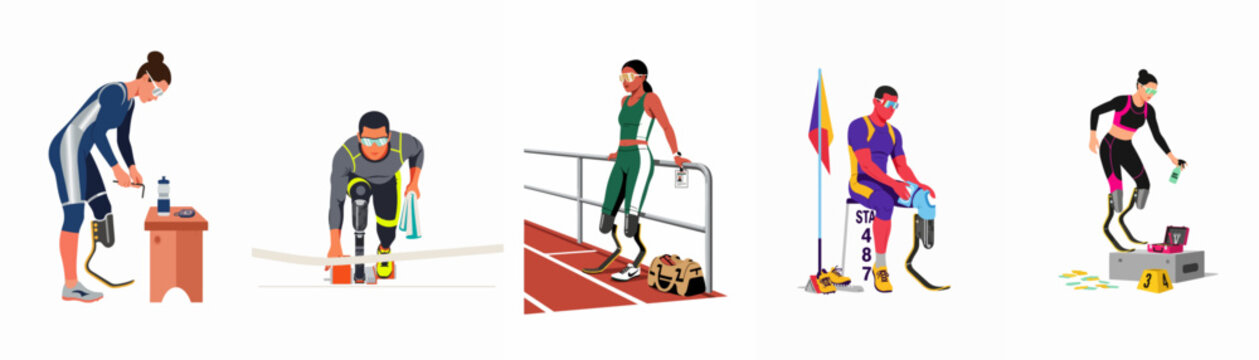 Diverse illustrations of male and female Paralympic athletes with prosthetic blades preparing for and competing in track and field events.