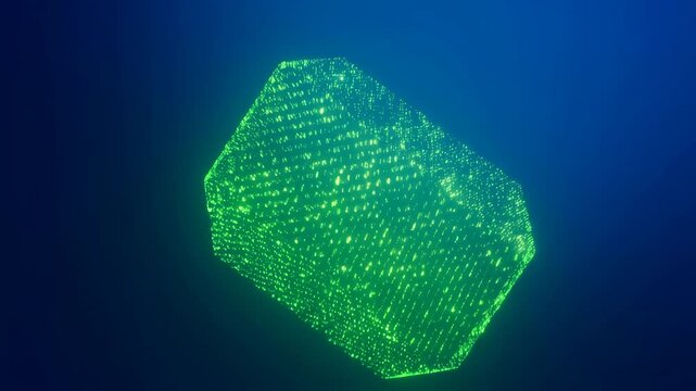 Abstract rotating digital cube made of glowing green particles on a blue background