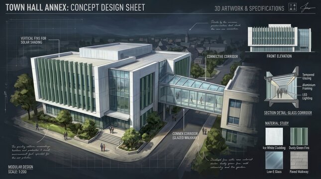 Architectural Concept Design of a Modern Town Hall Annex Building.