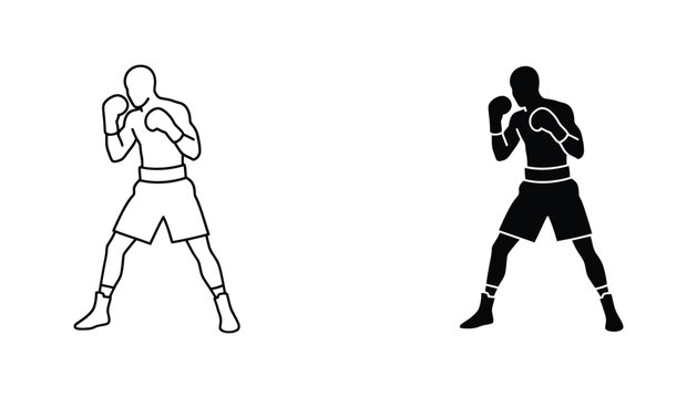 Professional boxer in fighting stance outline and silhouette vector icons set for sports fitness and martial arts graphic design projects isolated on white background