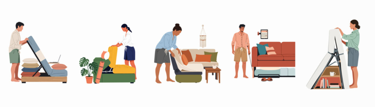 Illustrations showing people using multifunctional space-saving furniture like sofa beds, storage chairs, and hidden compartments for modern home organization and efficient living.