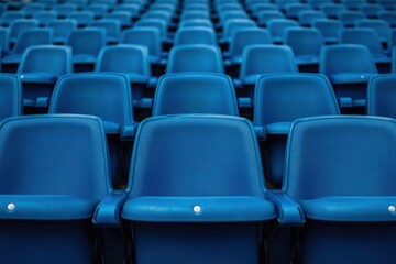 Naklejka premium rows of empty blue plastic stadium seats stretching into the distance, evoking quiet anticipation and solitude