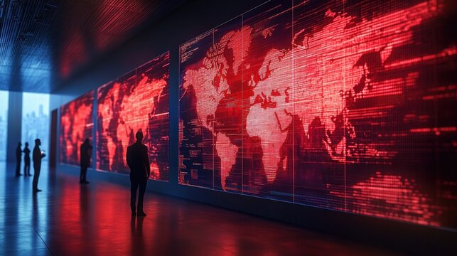 Silhouetted figures studying large red digital world maps on wall-sized screens in a dark modern control room, tense futuristic monitoring atmosphere