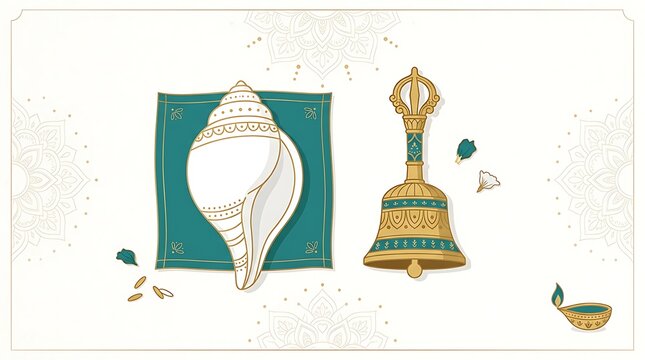 Traditional indian religious including a white conch shell and a golden bell on white surface
