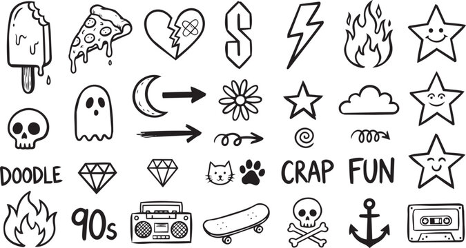A nostalgic collection of 90s pop culture doodles featuring skulls, pizza, skateboards, ghosts, and flames in bold black line art.