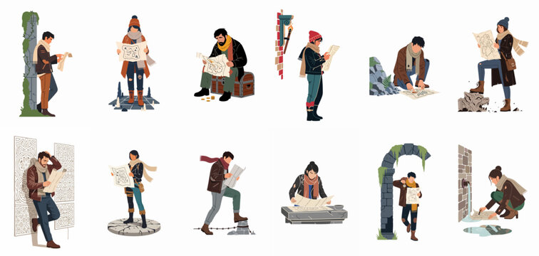 A collection of male and female explorers and treasure hunters studying maps in various ancient ruins, caves, and mysterious locations.