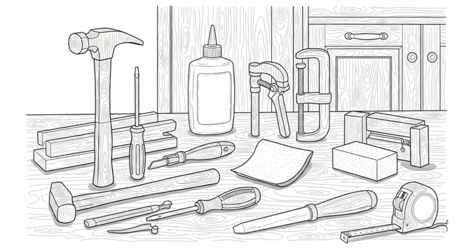 A cluttered workshop 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 with various tools and equipment laid out on a workbench.