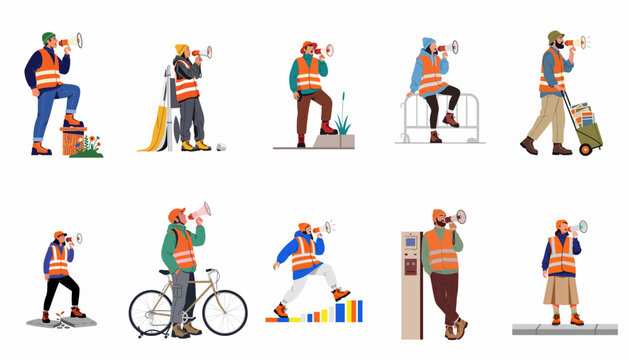 Diverse set of people wearing high-visibility vests shouting into megaphones, representing activists, announcers, and workers in a flat vector style.