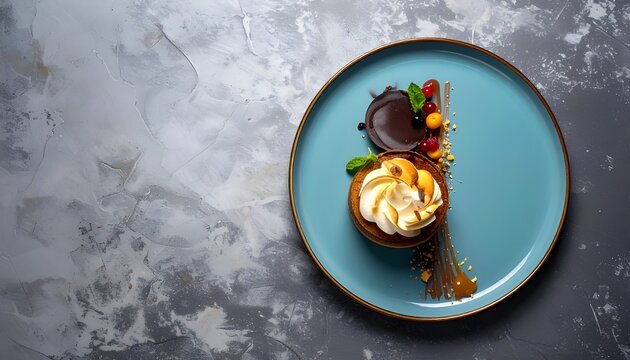 Elegant Gourmet Dessert Plate with Copy Space on Gray Background