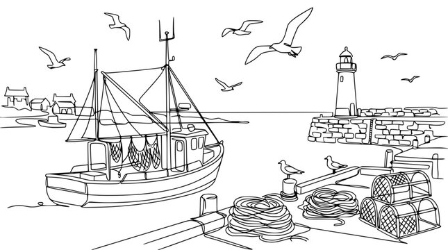 Fishing boat docked in harbor with lighthouse, seagulls, and lobster traps