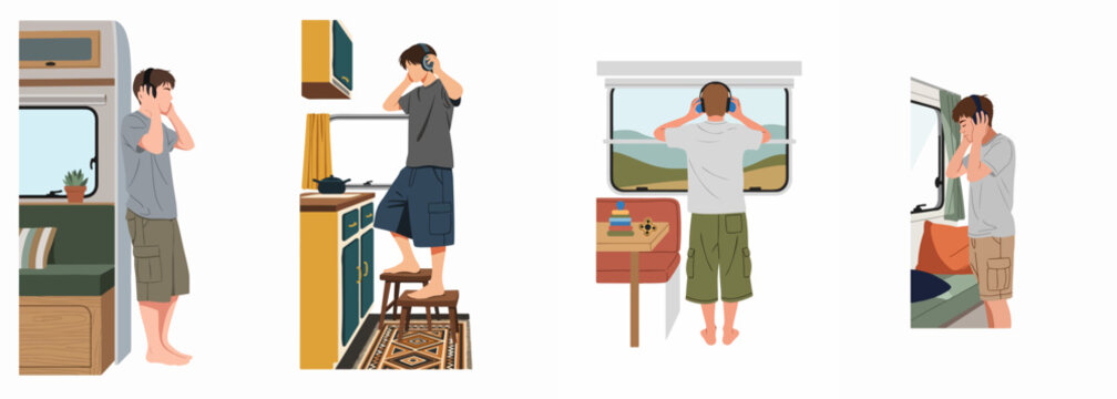 Set of illustrations depicting a boy with autism using noise-canceling headphones inside a camper van to cope with sensory overstimulation while traveling.