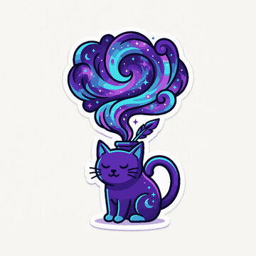 Cute cosmic cat sticker with swirling galaxy smoke.