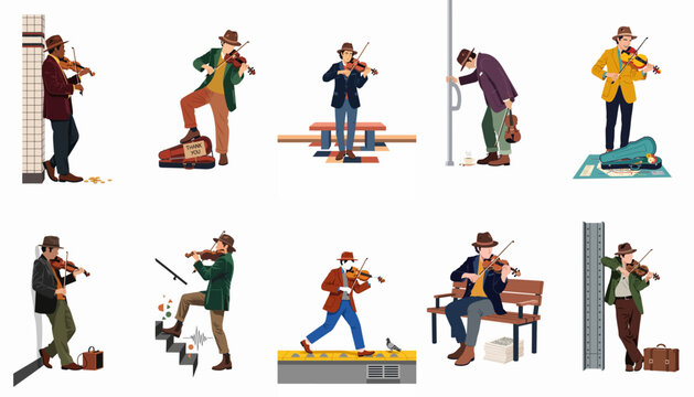 Flat vector illustrations of a male busker playing violin in various urban locations like subway stations, parks, and city streets.