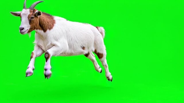 Goat Jumping Diagonally Toward Foreground with Realistic Farm Animal Movement Green Screen Chroma Key Asset