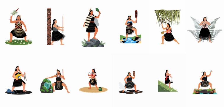 Set of Maori characters in traditional clothing performing various cultural activities and rituals, New Zealand indigenous culture flat vector illustration collection.