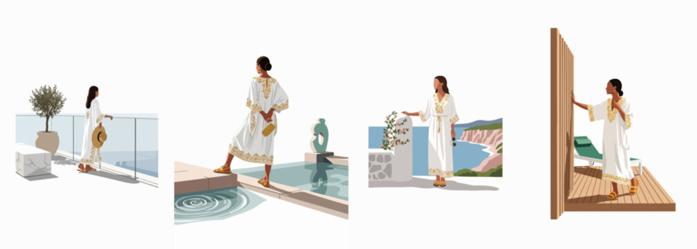 Set of flat illustrations featuring an elegant woman in a white caftan at luxury Mediterranean summer resorts with beautiful sea views.