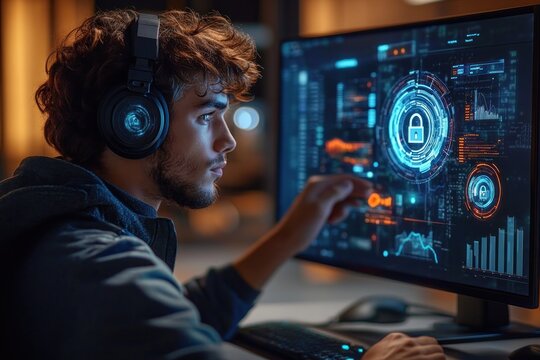 Focused person wearing headphones interacting with a computer displaying a futuristic cybersecurity dashboard with lock icons and data charts