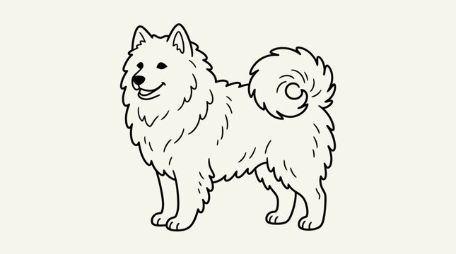 Hand-drawn fluffy samoyed dog illustration, smiling, cartoon style, isolated on cream background