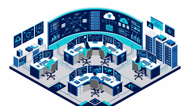 Isometric Unified Network & Security Operations Center (NOC/SOC) Illustration with Curving Video Wall