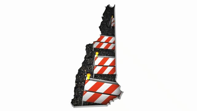 New Hampshire NH State Map Road Construction Project Traffic Signs Barriers Barricades 3d Animation