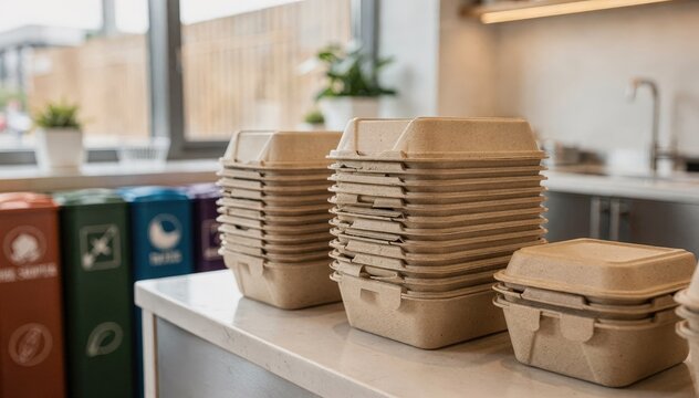 Medium shot of compostable takeout containers stacked beside labeled bins with clear signage in a fast casual restaurant setting main focus on the ecofriendly packaging.