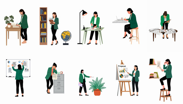 Set of illustrations depicting a professional business woman in a green blazer engaged in various office tasks and routine work activities.