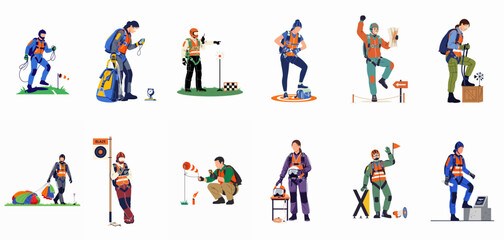 Vector flat illustrations set of diverse skydivers, parachutists, and paratroopers with tactical gear, windsock, maps, and landing equipment © ValentinaRestrepo