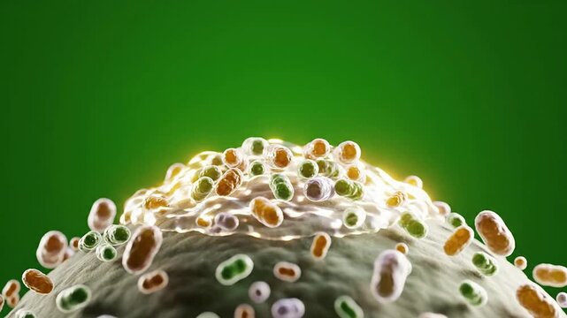 Detailed 3D Rendering of Colorful Microorganisms on Cellular Structures with Vibrant Green Background for Scientific and Educational Use