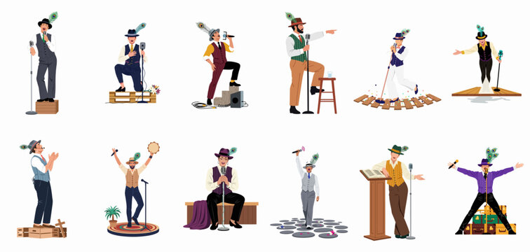 Collection of male singer illustrations in retro costumes with peacock feather hats, performing on stage with microphones in different expressive poses.