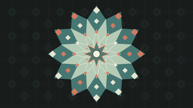 Geometric mandala design with starburst pattern and floral elements on dark background