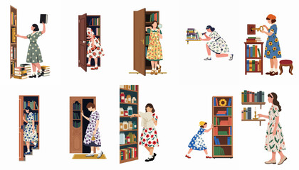 Set of vintage illustrations depicting girls in floral dresses discovering secret rooms, hidden passages, and mysteries behind bookshelves and library doors. © Yola