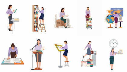 Fototapeta premium Illustrations of a professional woman managing legal documents, copyright materials, archives, and licensing tasks in various office scenarios.