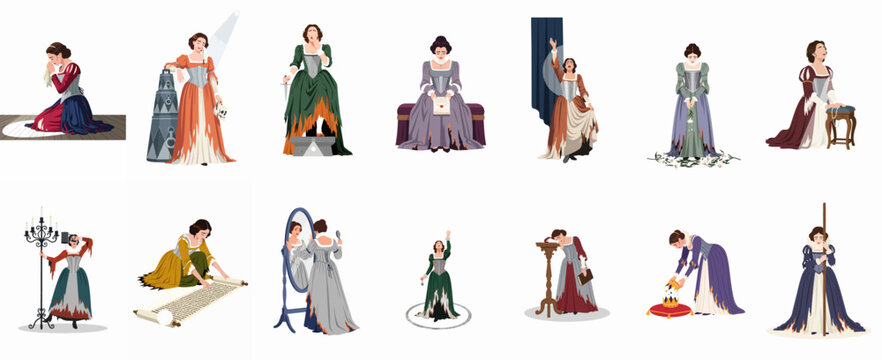 Set of dramatic vector illustrations featuring a woman in historical period costumes performing various scenes from theatre, literature, and tragedy.