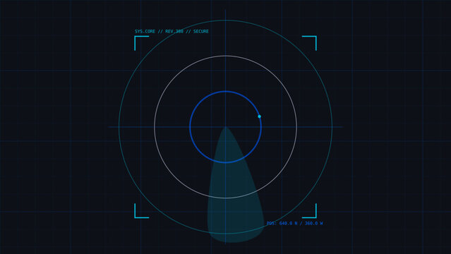 Radar screen display with blue and white graphics and coordinates