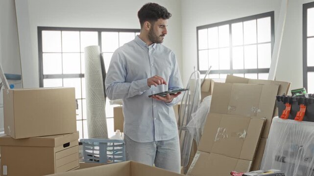 Man taps tablet amid stacked moving boxes and ladder in a bright studio; focused planning and organization.
