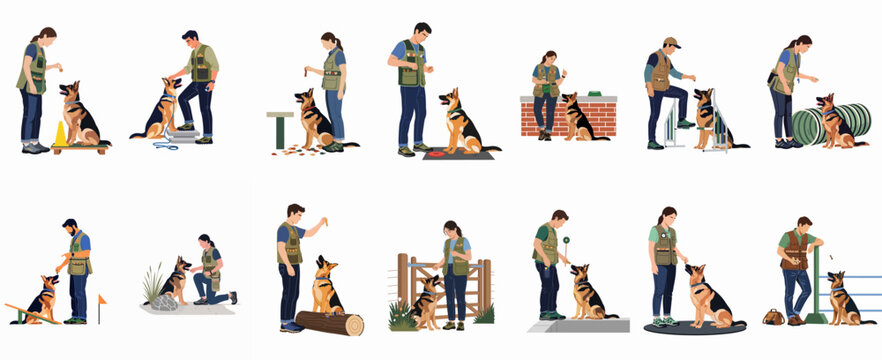 Flat Vector Illustration Set of People Training German Shepherd Dogs in Various Obedience and Agility Scenarios
