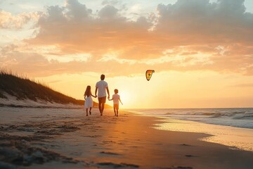 Fototapeta premium Parent and two children walking hand in hand along a sandy beach at golden sunset, warm peaceful family moment with a kite over calm ocean and soft dunes