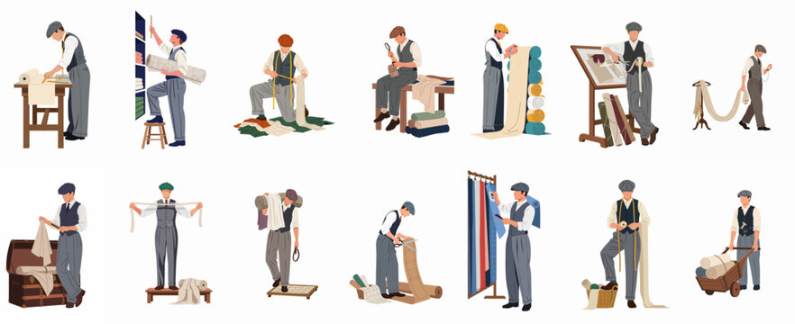 Collection of vintage tailors and fabric merchants working with textiles, measuring, cutting, and organizing various fabrics in a classic flat illustration style.