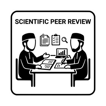 Scientific Peer Review Process Depicted with Two Scholars Discussing Research.