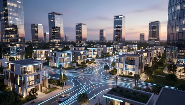 Modern smart housing district showcasing futuristic residential neighborhood and elegant luxury homes